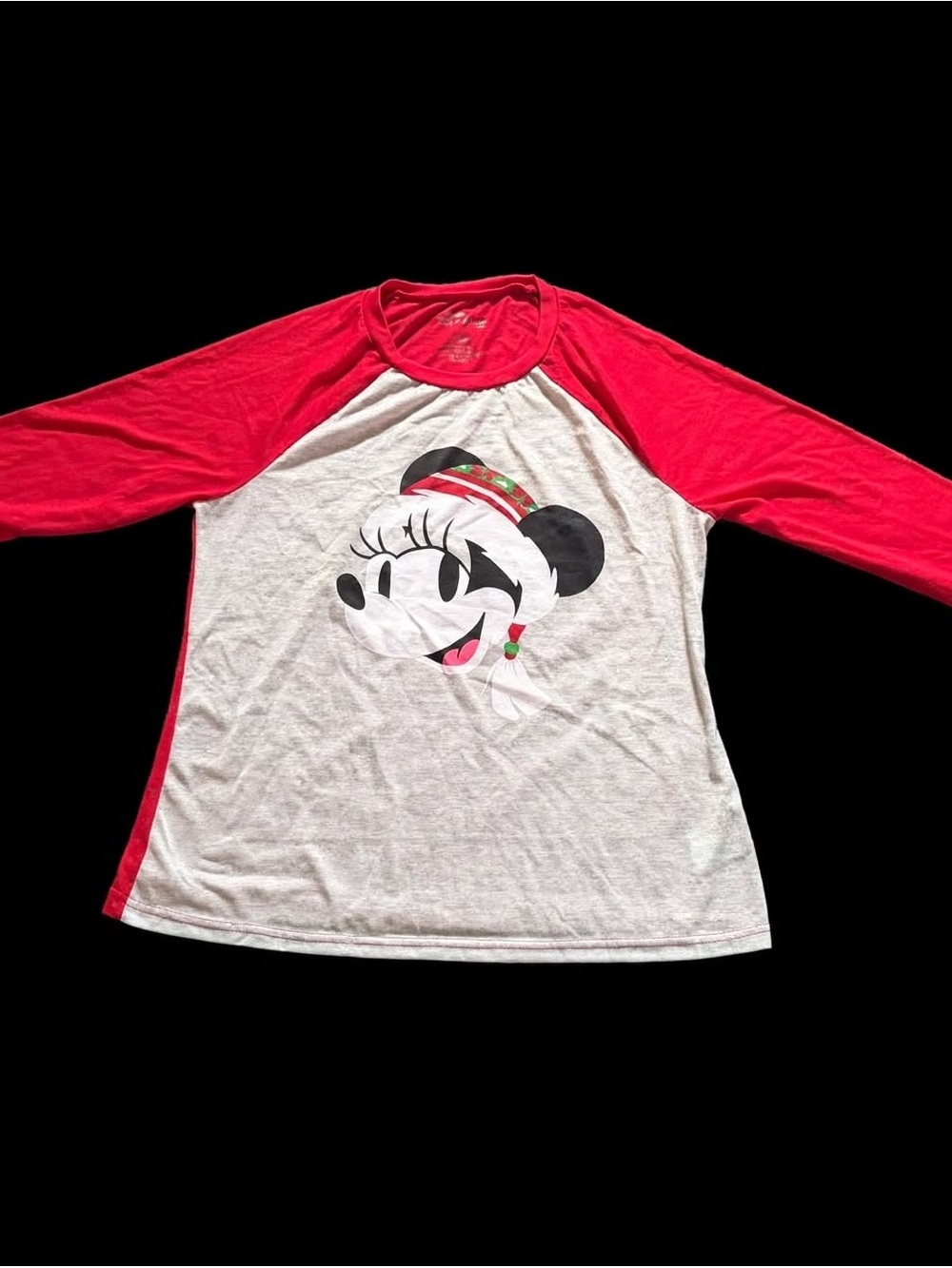Disney Minnie Mouse Christmas Holiday Raglan Long Sleeve Top M